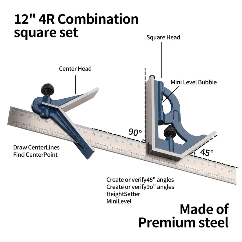 3 PC Combination Square Ruler Set Protractor Satin, 4R Graduation Type, Blade: 6"