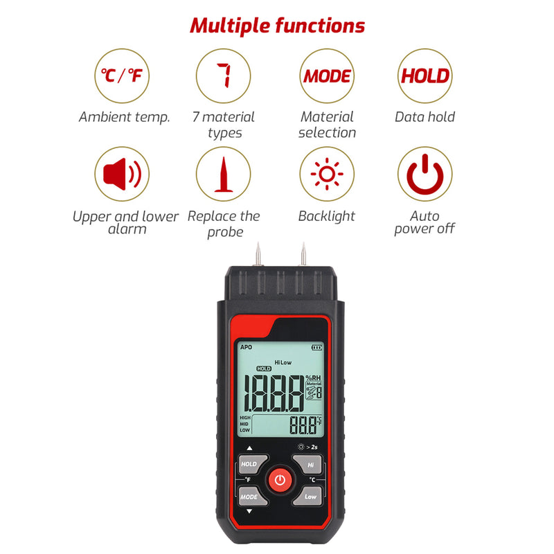 Pin-Type Wood Moisture Meter - 7 Calibration Scales, Backlit LCD Display, Handheld Digital Moisture Tester