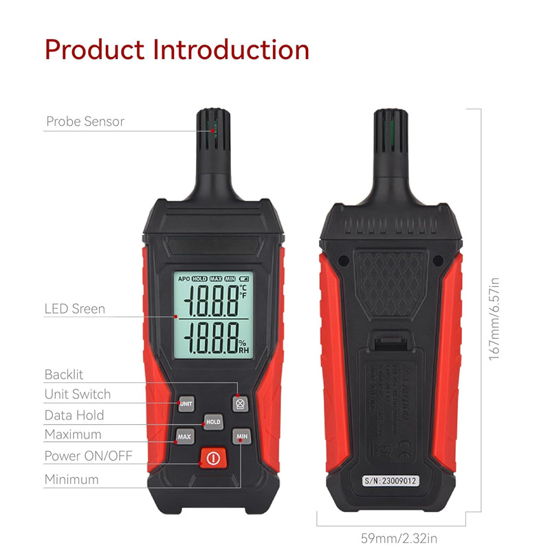 Temperature & Humidity Meter Detector Digital Hygrometer Handheld Industrial Home Indoor - Ambient, Relative Humidity, LCD Backlight, Min/Max Hold