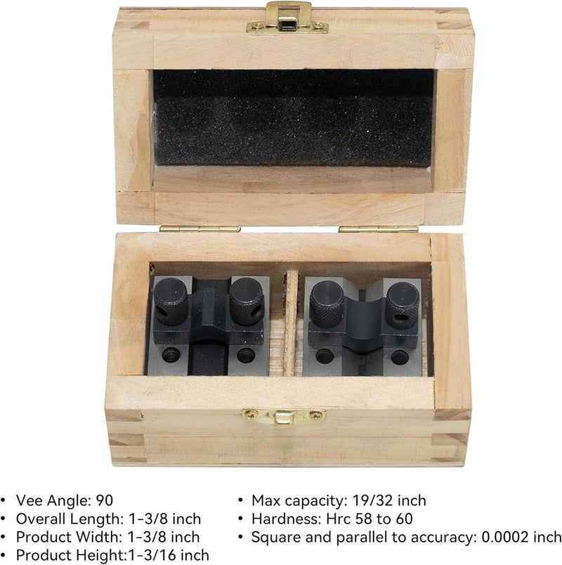 HFS(R) V Blocks with Clamp Set 1-3/8 x 1-3/8 x 1-3/16 Hardened Steel 90 Degree Angle Accuracy V Block Set Multi-Purpose Gauge Machinist Tool