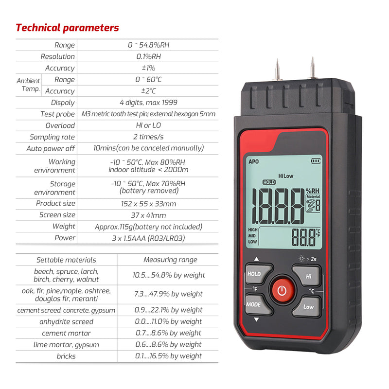 Pin-Type Wood Moisture Meter - 7 Calibration Scales, Backlit LCD Display, Handheld Digital Moisture Tester