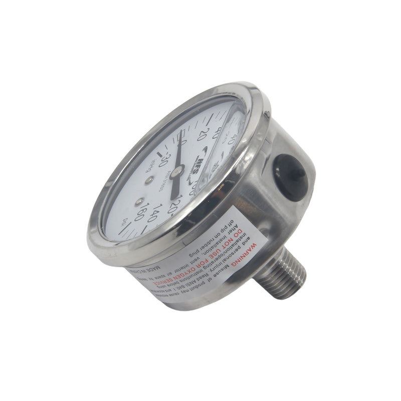 HFS -30 HG-160 PSI, 2.5" Diameter Vacuum Air Pressure Gauge (316 Stainless Steel) Back mount Oil filled