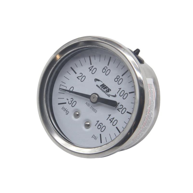 HFS -30 HG-160 PSI, 2.5" Diameter Vacuum Air Pressure Gauge (316 Stainless Steel) Back Mount