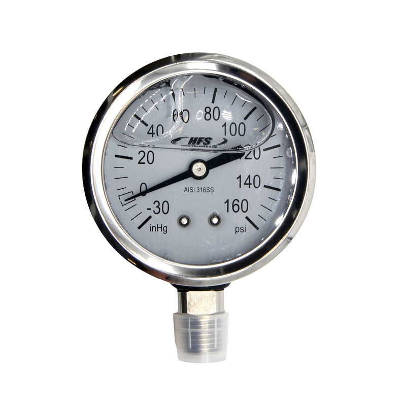 HFS -30 HG-160 PSI, 2.5" Diameter Vacuum Air Pressure Gauge (316 Stainless Steel) Bottom Mount Oil filled