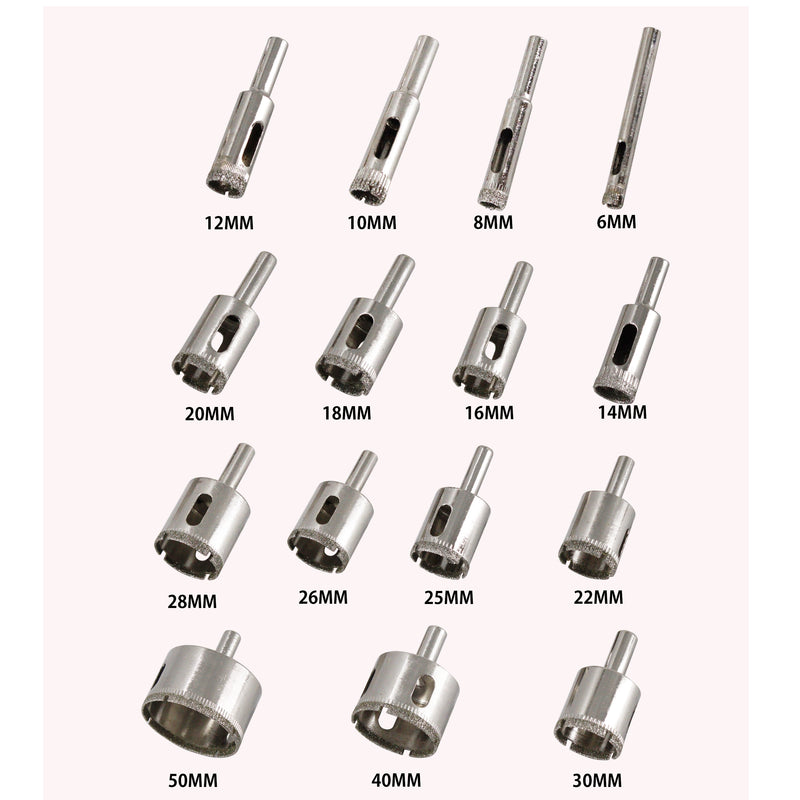 Diamond Drill Bit Set Hole, 15PCS Hole Saw Set for Glass, Marble, Granite Stone 6-50MM