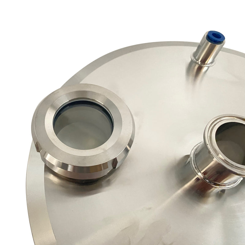 Santiany Stainless Steel Lid w/ 12" x 1.5" Tri Clamp, 2 x 1/4" NPT female, 2 x 2" Sight Glass