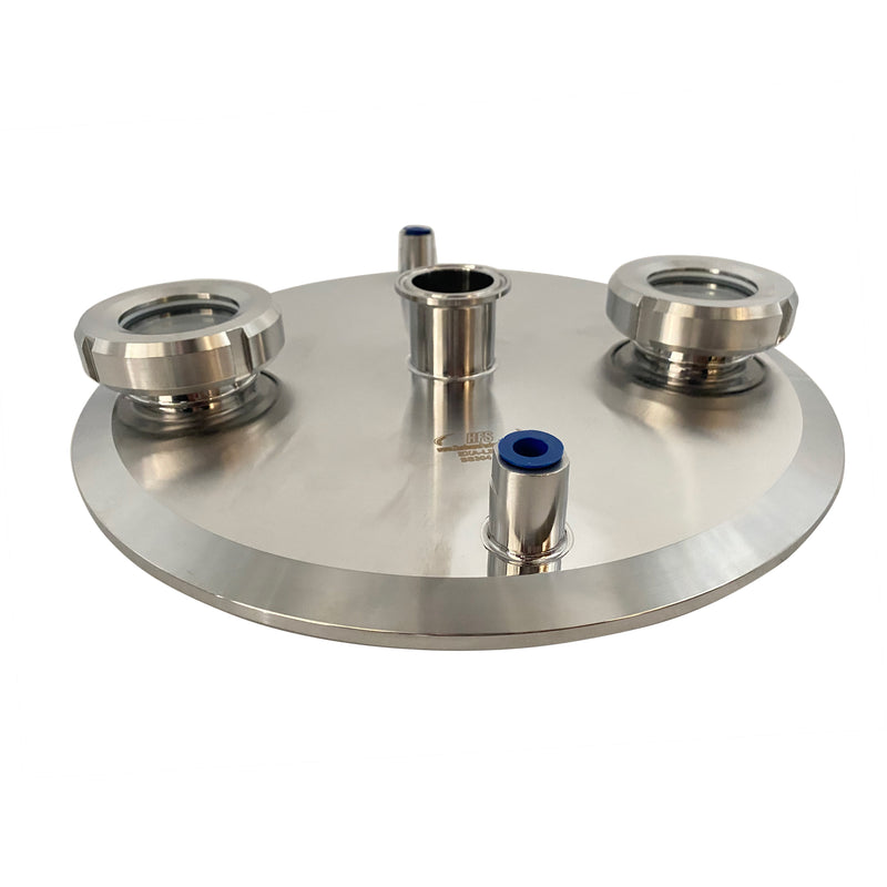 Santiany Stainless Steel Lid w/ 12" x 1.5" Tri Clamp, 2 x 1/4" NPT female, 2 x 2" Sight Glass