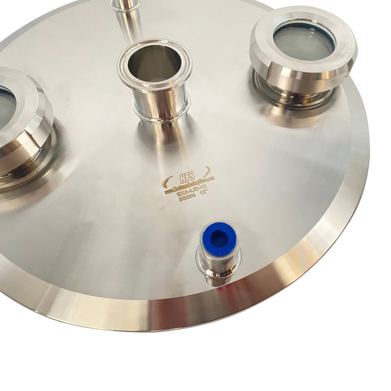 Santiany Stainless Steel Lid w/ 12" x 1.5" Tri Clamp, 2 x 1/4" NPT female, 2 x 2" Sight Glass