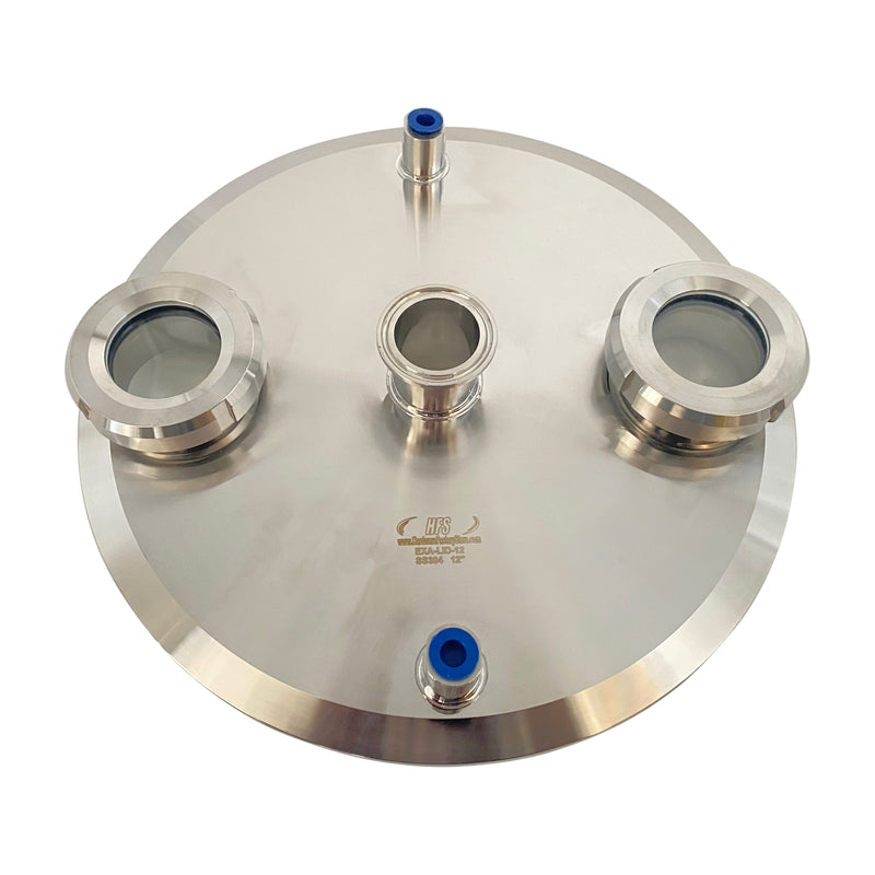 Santiany Stainless Steel Lid w/ 12" x 1.5" Tri Clamp, 2 x 1/4" NPT female, 2 x 2" Sight Glass