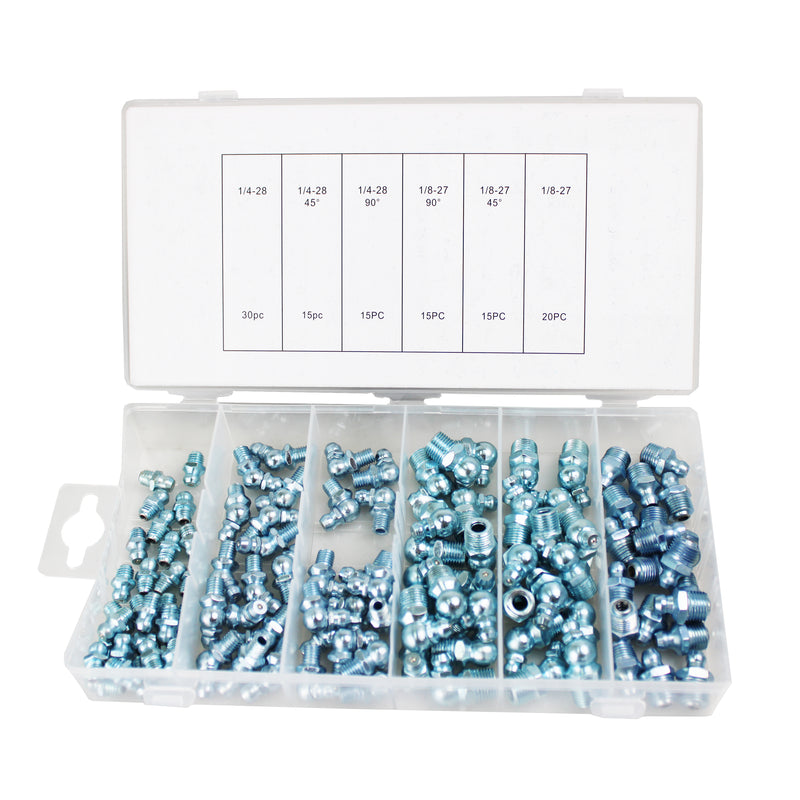 Hydraulic Grease Fitting SAE Standard 110-Piece Kit – Straight, 90-Degree, 45-Degree Angled Zerk Assortment Set
