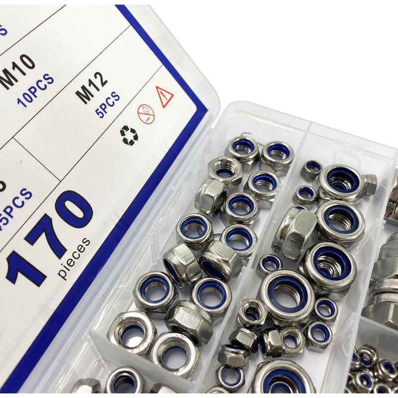 Lock Nut Assortment 170 Pcs, M3 M4 M5 M6 M8 M10 M12 Nylon Insert 304 Stainless Steel
