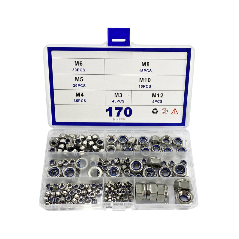 Lock Nut Assortment 170 Pcs, M3 M4 M5 M6 M8 M10 M12 Nylon Insert 304 Stainless Steel