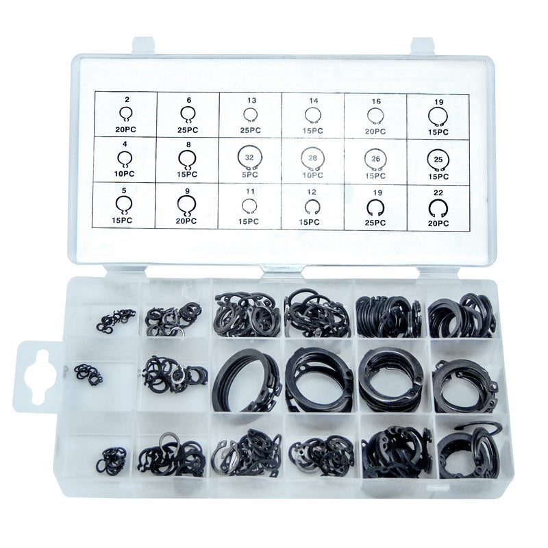 Snap Ring Assortment, 300 Count | 18 Sizes (1/8" - 1-1/4") | Hardened Steel