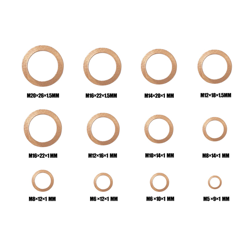 300Pcs 12 Sizes Copper Metric Sealing Washers Assortment Set